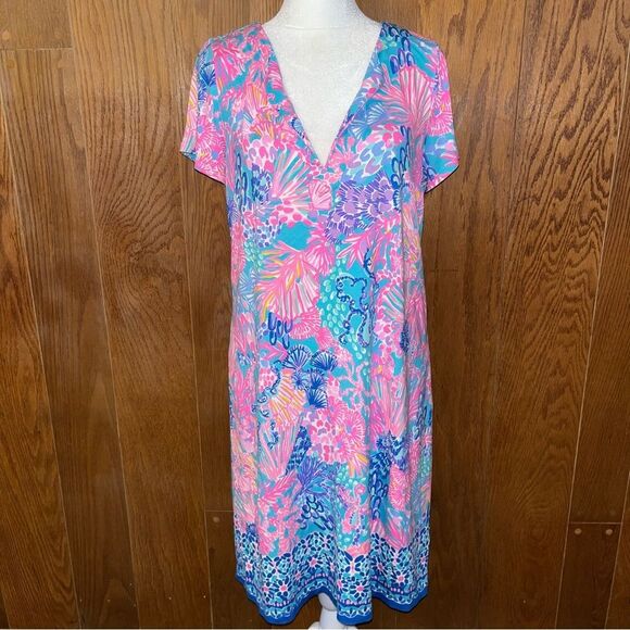 Lilly Pulitzer V Neck Sophiletta Dress Fished My Wish Multi EUC UPF 50 + LG - Picture 1 of 10